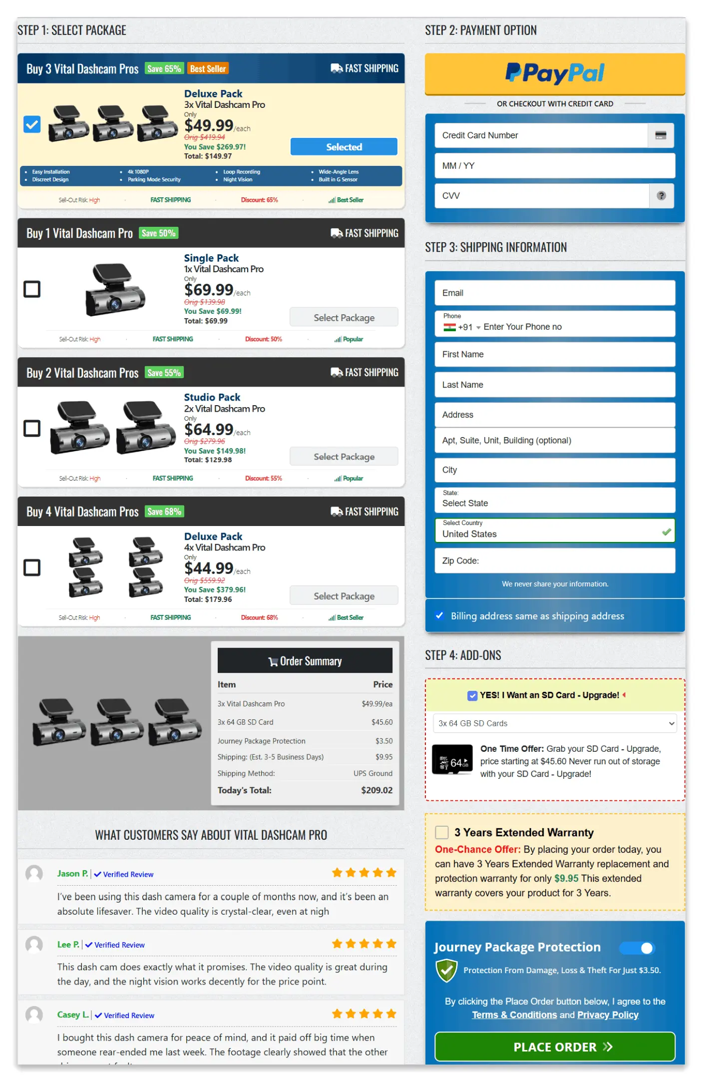 Vital Dash cam secure checkout page